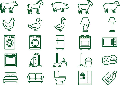 Farm animals and household appliances icons cow horse pig goat sheep chicken duck goose lamp washing machine fridge.