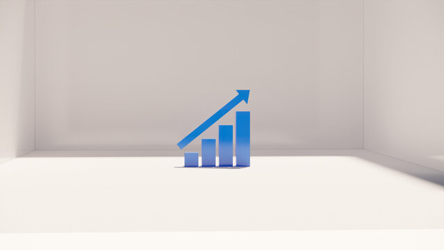 3d blue upward arrow chart. Growth, success, profit, financial increase in white background. realistic 3d growth chart icon