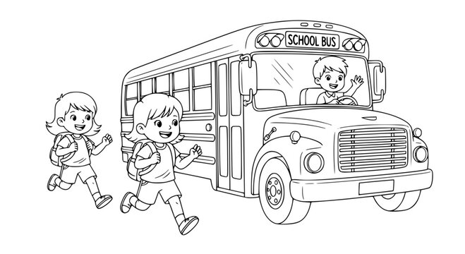 Cartoon kids running to school bus coloring page, design for: children's educational activity books, preschool back to school worksheets, kindergarten coloring printables. Vector. Transparent SVG.