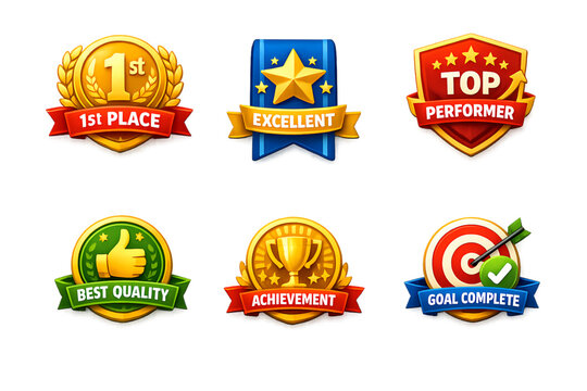 achievement badges, colorful badges, reward badges, achievement icons, gamification badges, progress rewards, success badges, accomplishment icons, level up badges, gaming rewards, educational badges,