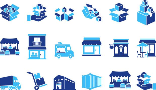 Product boxes shipping delivery retail market store truck forklift container logistic icons illustration.