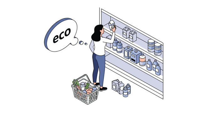 Environmentally conscious consumer choosing sustainable products from a supermarket shelf while thinking about ecological impact.