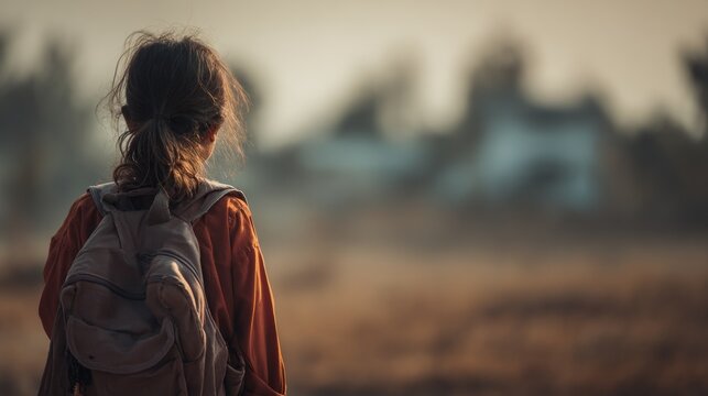 Child with backpack looking ahead