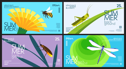 Set of nature summer horizontal backgrounds with bee, grasshopper, firefly, dragonfly, dandelion, grass, water lily leaf. Simple design of insects and plants for cover, banner, poster, wallpaper