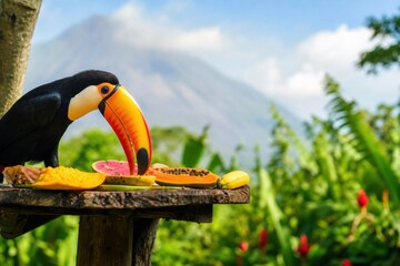 Fototapeta premium Toco toucan bird eating fresh tropical fruits on wooden feeder platform, scenic Arenal volcano background in lush Costa Rica rainforest, vibrant wildlife