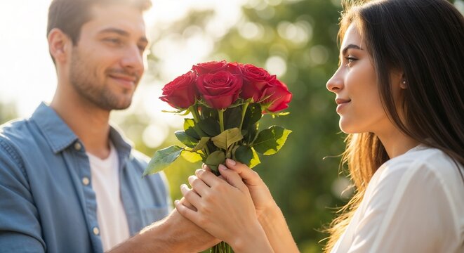 Young couple exchanging apologies with bouquet of red roses in sunlight. Romantic moment capturing connection and heartfelt emotions. Concept apologizing with flowers for special occasions.