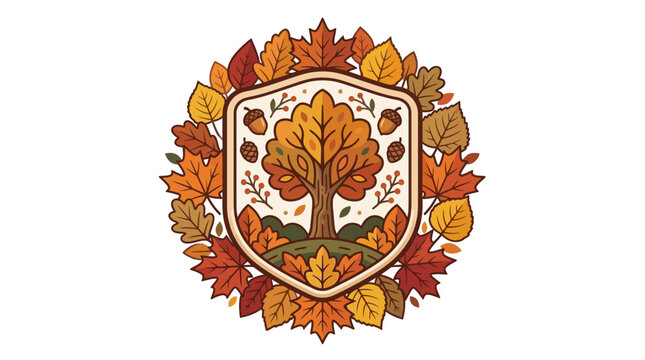 Autumn Emblem with Tree and Leaves