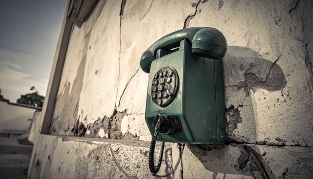 A dusty green vintage rotary telephone hanging on a cracked, weathered wall, a relic of past communication.
