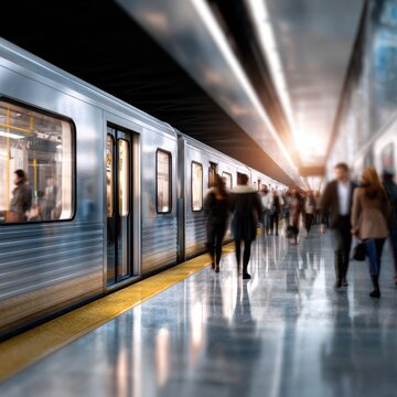 Commuters walking along a bustling subway platform with a silver train stopped and glowing interior lights in an urban underground transit station