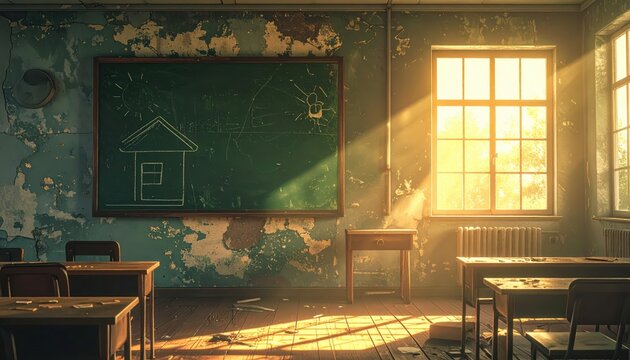 A dusty, sunlit schoolroom with a child's chalk drawing on a cracked blackboard.