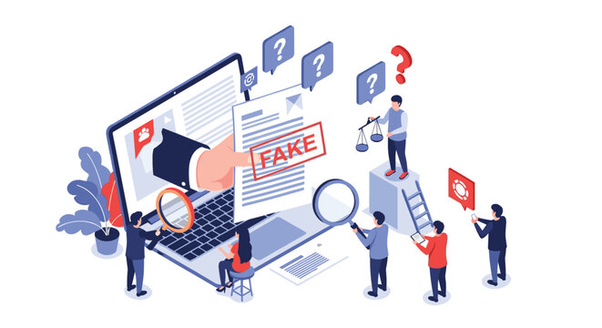Investigative team uses magnifying glasses to check documents on a laptop for fake news and disinformation in the digital age.
