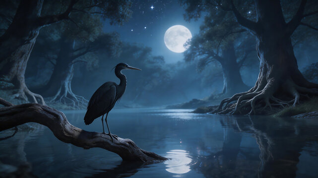 Heron perched on branch under moonlit sky for outdoor lifestyle brands and nature documentaries