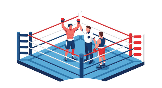 Boxing referee raises the winner arm in the center of the ring after a competitive match to declare the champion of the fight.