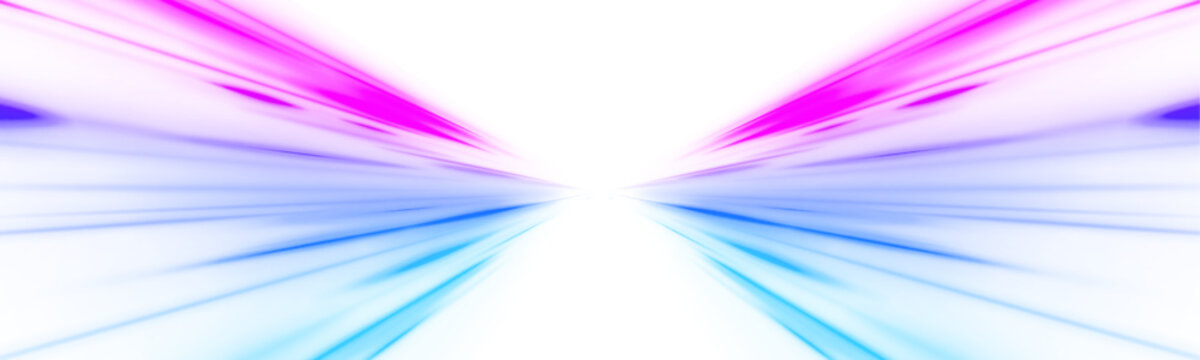 Futuristic glowing light trail flows on dark road, highway at night. City traffic with neon laser speed motion, bright energy digital line with zoom effect. Abstract vector illustration.