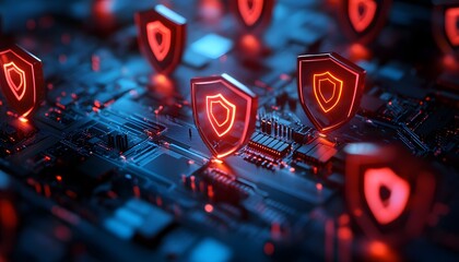 Fototapeta premium A close-up view of a futuristic digital circuit board featuring glowing red shield icons. This image represents cybersecurity and technological advancement in a modern world.