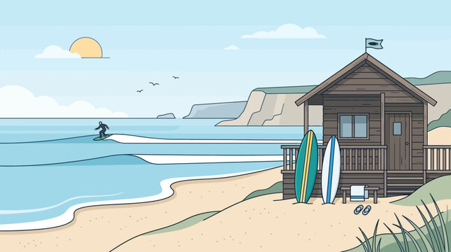 Brown wooden beach hut with surfboards.