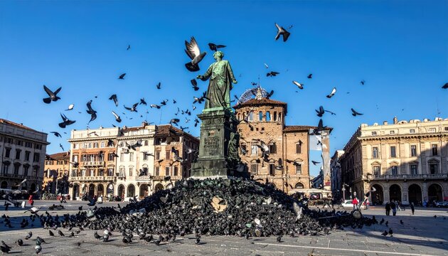 A large flock of pigeons takes flight from a monument in a bustling city square with historic buildings