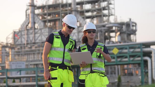 Workers check project details at oil refinery in bright sunny conditions