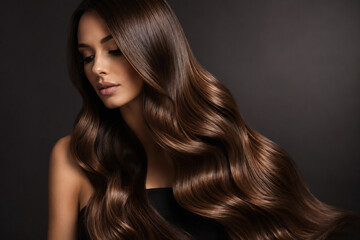 Naklejka premium A beautiful woman with long, wavy brown hair is posing against a dark background.