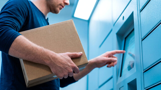 Man using a touch screen on a parcel locker to send or receive a package