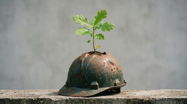 Young green oak sapling sprouting from a weathered industrial metal hard hat with industry environment protection
