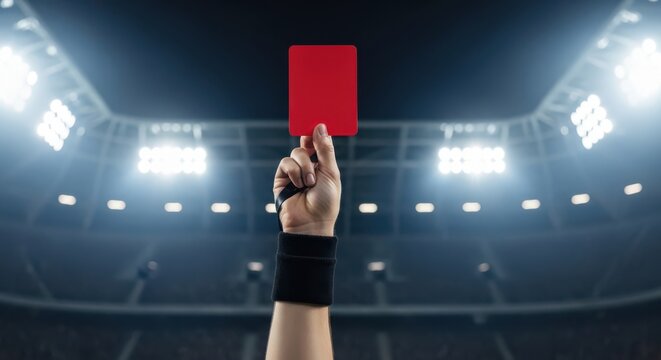 A referee's hand holding a red card during a match with stadium lights in the background symbolizing a disciplinary action