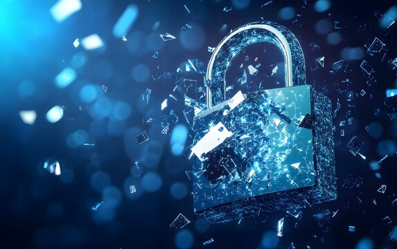 A symbolic image of a padlock shattering, representing cybersecurity breaches and the fragility of digital safety in today's technology-driven world