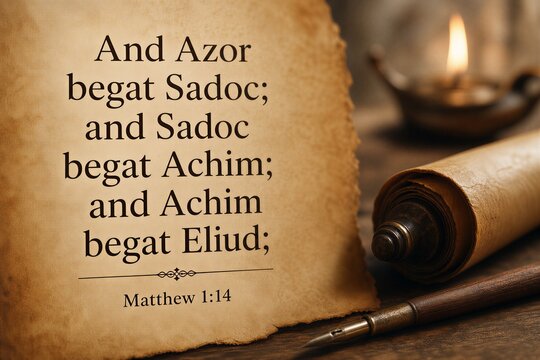 Ancient Biblical Genealogy Text from Matthew 1:14 Detailing Azor, Sadoc, Achim, and Eliud's Sacred Ancestral Line.