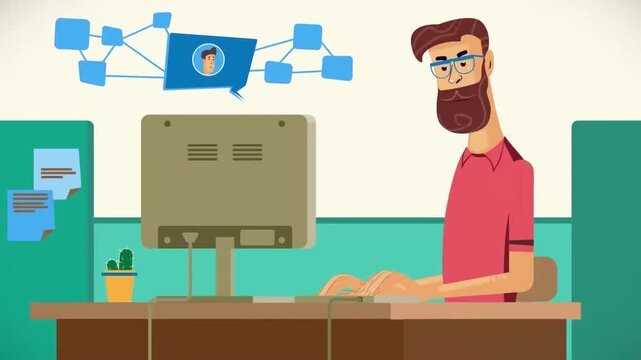 Bearded Developer Working on Computer with Digital Network Server Icon Floating, Cloud Computing Concept, 2D Animated Scene