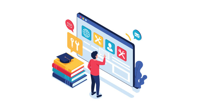 Student uses a large interactive screen with educational tools and icons next to a stack of books and a graduation cap.