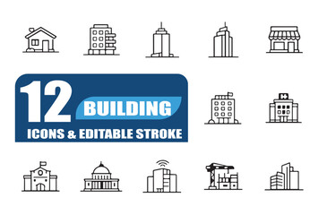 Fototapeta premium Building & Architecture Monoline Outline Icons Collection – 12 Modern Construction and Real Estate Vector Icons
