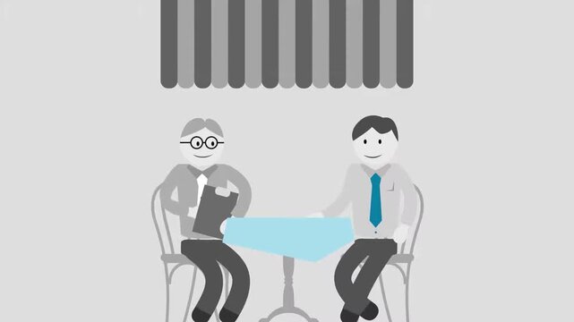 Interviewer Interviewing Job Candidate at Table in Minimal Office Layout, Corporate Recruitment Concept, 2D Character Animation
