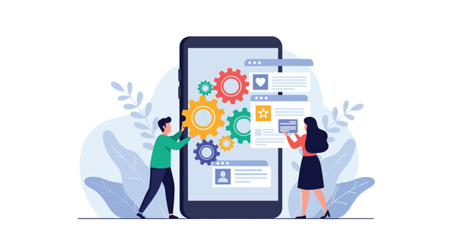 Collaborative team managing mobile application development and technical settings on a large digital smartphone interface.