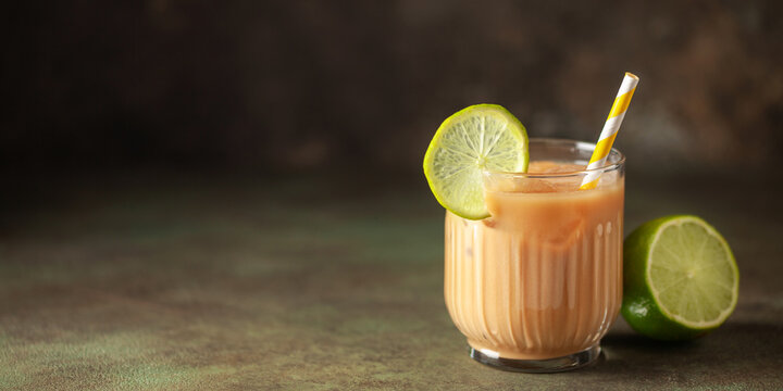 Tejuino traditional mexican drink with corn and lime. Copy space. Banner