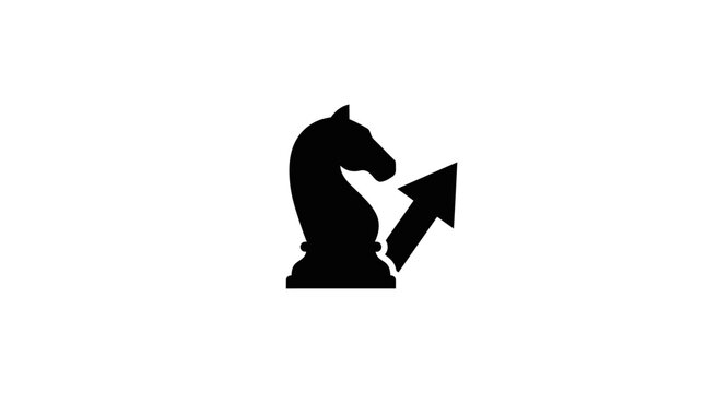 Knight chess piece and upward arrow black silhouette on white background