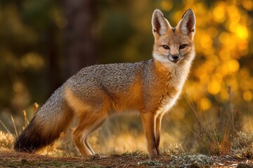 Naklejka premium Red fox portrait in forest illuminated by golden sunlight