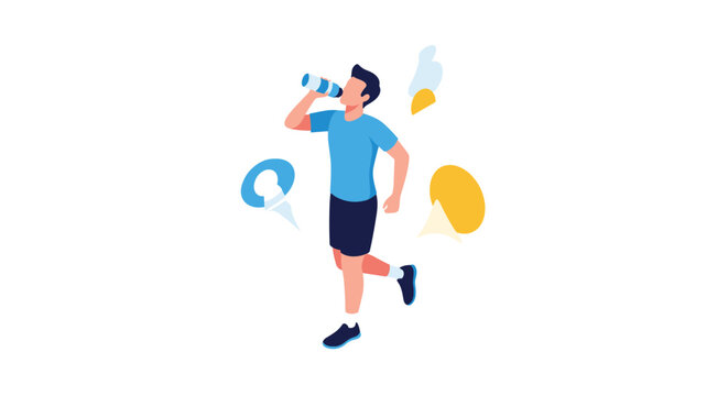 Athletic man in sports gear running while staying hydrated by drinking water from a bottle with abstract shapes.