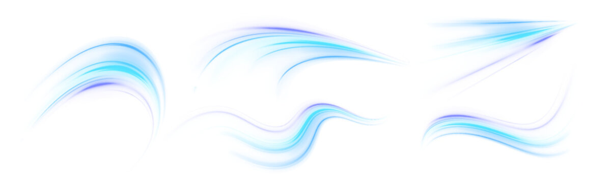 Neon laser motion city road, highway traffic speed lines. Light blue wave set, futuristic energy trail. Dynamic glowing twist, energy wavy on white background. Vector illustration png.