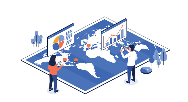 Data analysts working on a giant world map with various digital charts and location markers for global business tracking.