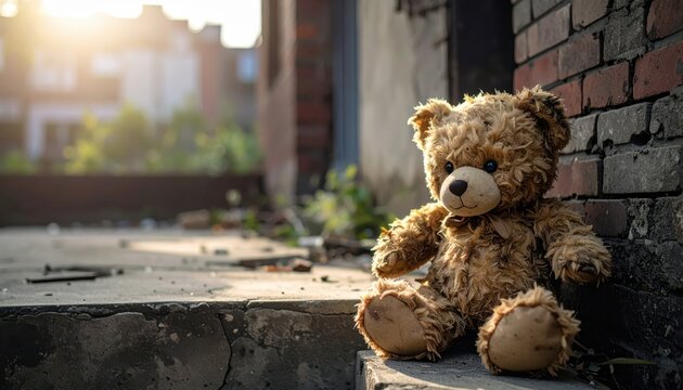 A lonely, dirty teddy bear with a missing eye sits alone on cracked concrete steps outdoors