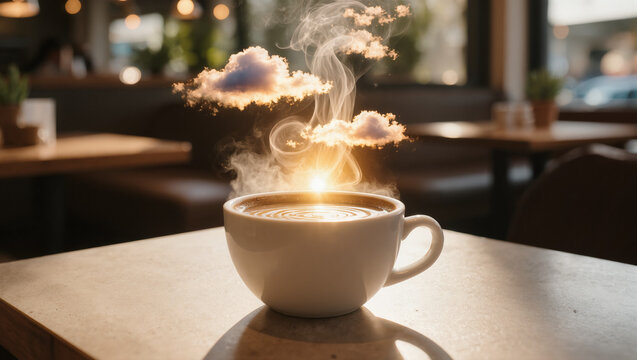 Coffee Cup Morning Sunrise With Steam Clouds, Surreal Cozy Concept Miniature Fantasy
