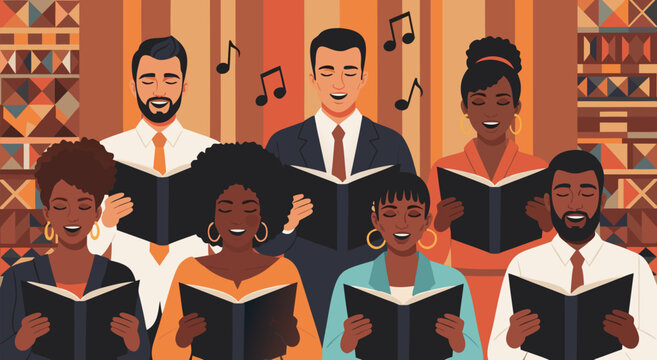 A group of diverse people singing and reading music books together indoors