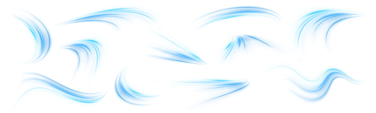 Highway traffic and city streets glow with neon blue laser speed lines. Futuristic energy, light wave set on white background. Flowing motion trail. Abstract digital concept, vector illustration png.