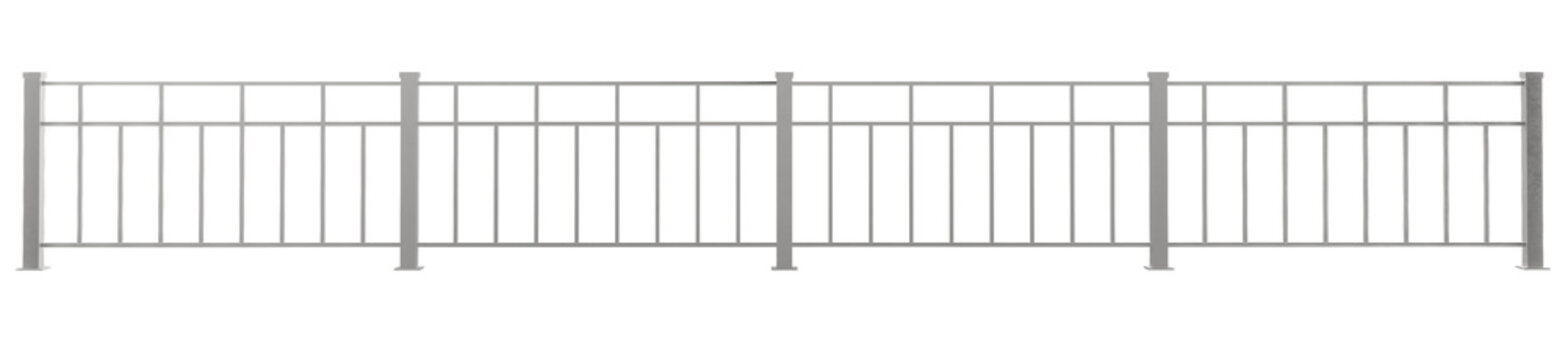 detailed 3d realistic render of a front elevation view of a metal handrail barrier emphasizing clean vertical lines and solid structural design for modern architectural safety implementations