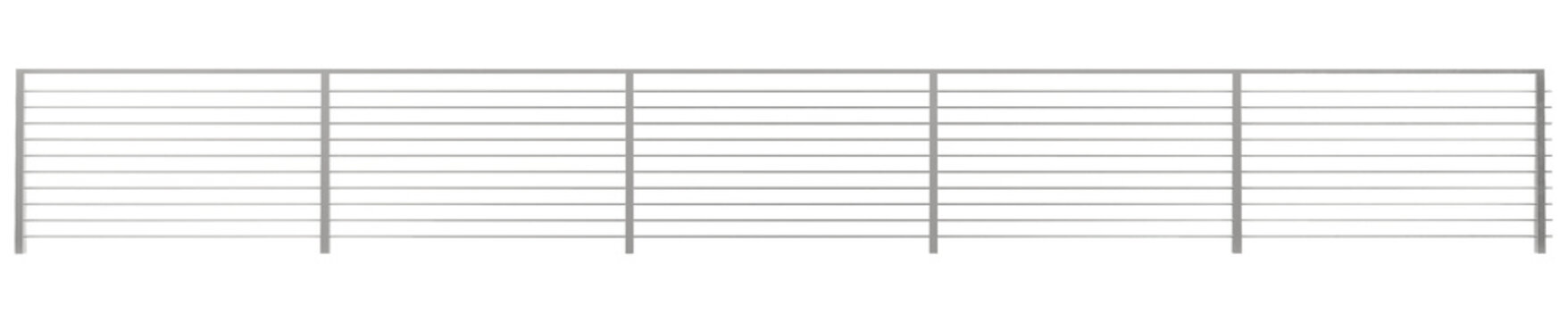 front straight elevation 3d realistic render of an industrial metal cable handrail featuring minimal horizontal wire tension and solid vertical framing for contemporary architectural projects
