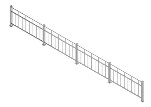 3d realistic render of a modern metal railing system orthographic isometric view featuring vertical balusters and sturdy posts for architectural visualization and exterior boundary security