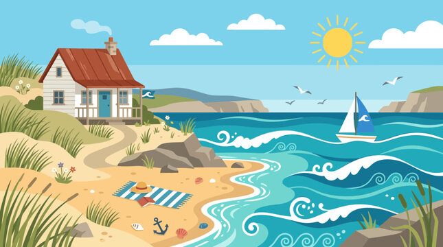 Beach house with red roof.