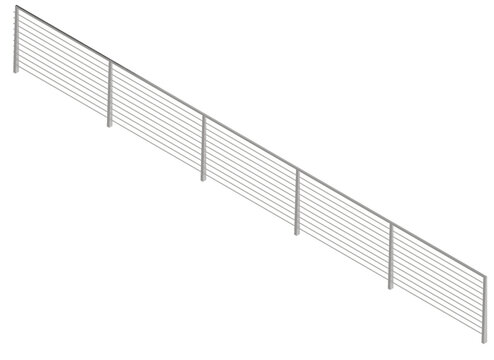 3d realistic orthographic render of a contemporary wire cable railing system featuring horizontal tensioned metal lines and structural posts for modern architectural safety applications