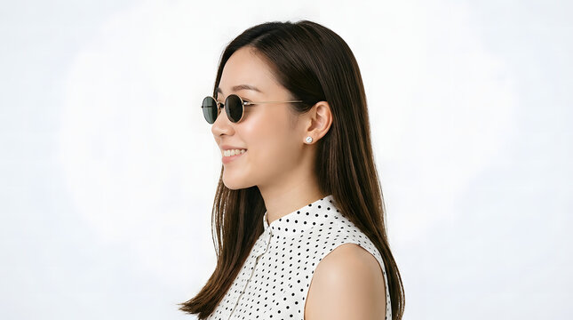 A smiling young woman in profile wearing round gold sunglasses and a polka dot blouse against a clean white background.