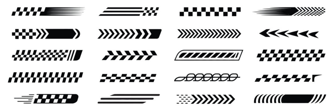 Racing Cars and Race Car Stripes Set Featuring Checkered Flag Finish Line Motorsport Decals and Speed Graphics